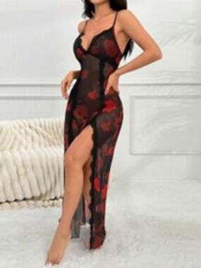 OYOANGLE Floral Print Sheer Chemise Mesh Maxi Nightgown V-neck Front Slits